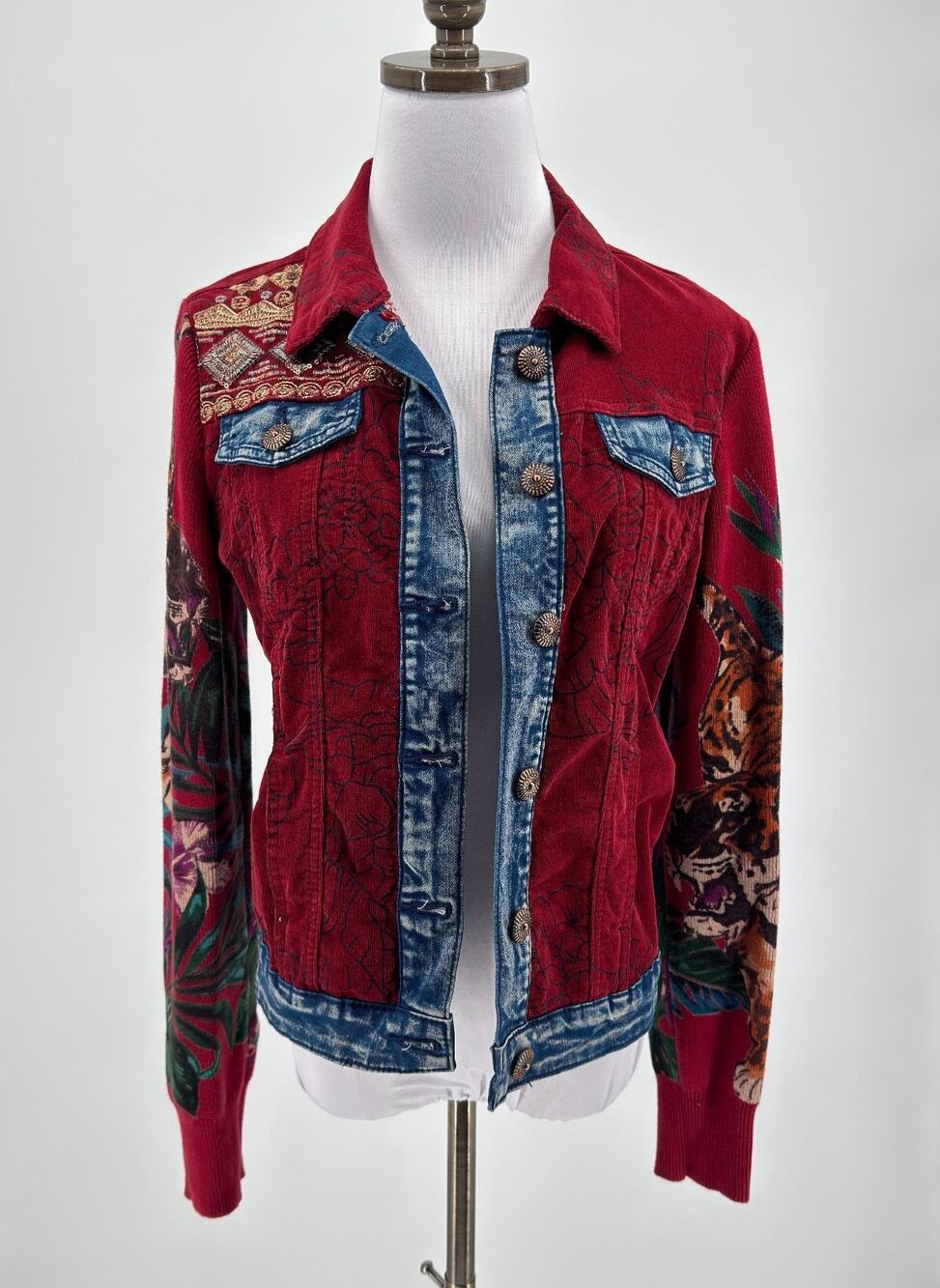 Desigual Yuma Embroidered Corduroy Tiger Floral Denim Hybrid Trucker Jacket US 4